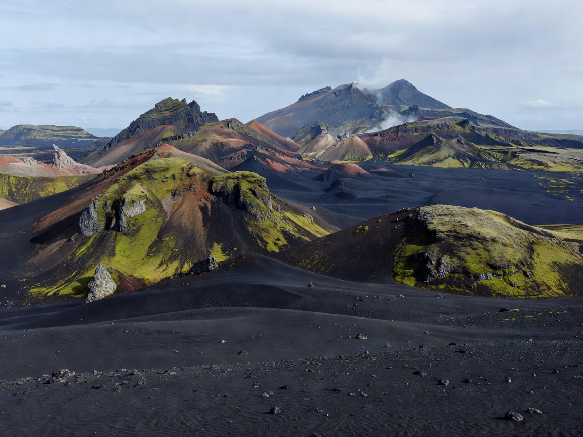 Dramatic volcanic landscape in Iceland under soft summer daylight