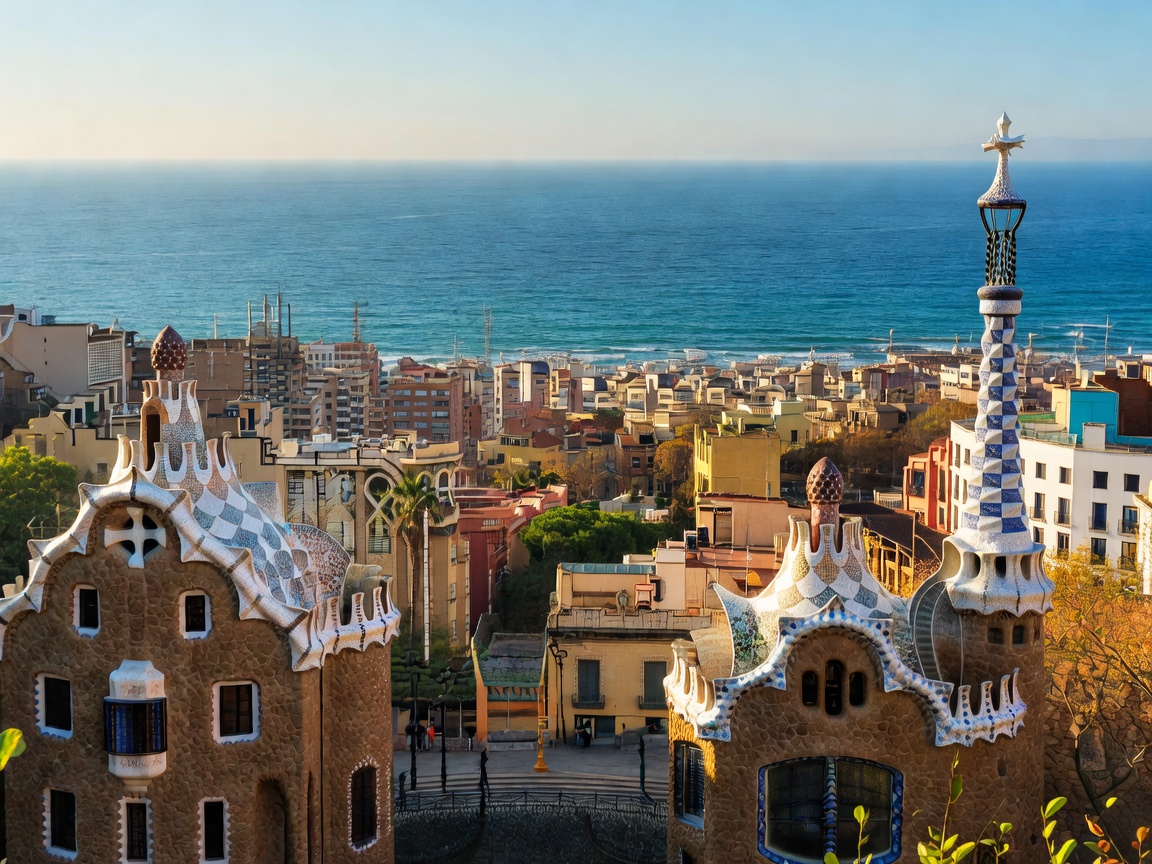 Panoramic scenic view of Barcelona architecture and Mediterranean sea coastline