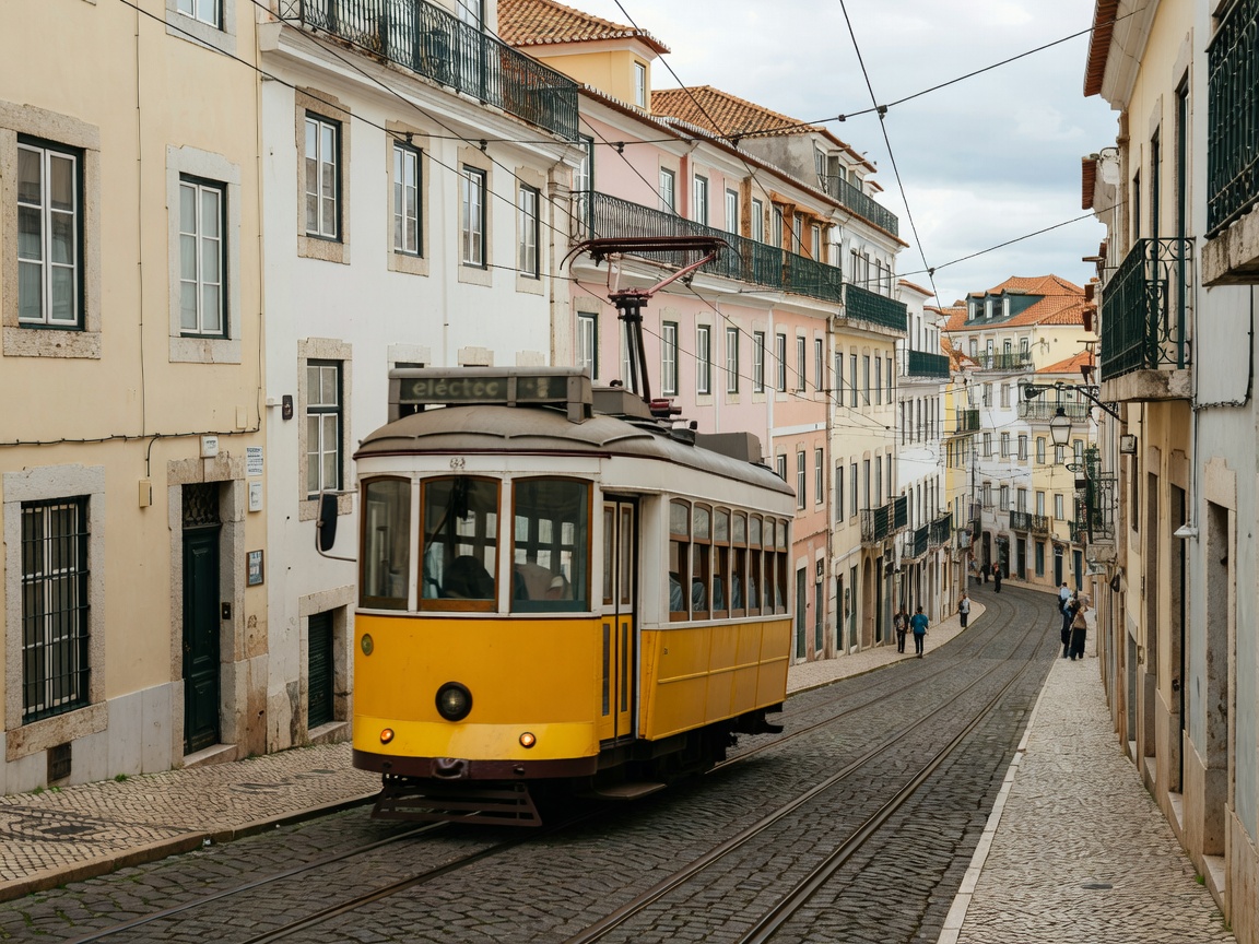 Yellow tram traveling through historic Lisbon street in Portugal